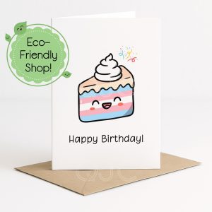 A single 5 inch by 7 inch vertical white greeting with happy piece of cake in blue, pink and white colors with a smile and a kraft brown envelope