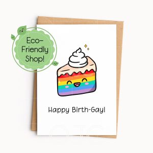 A single 5 inch by 7 inch vertical greeting card with a happy rainbow cake smiling on it and a kraft brown envelope