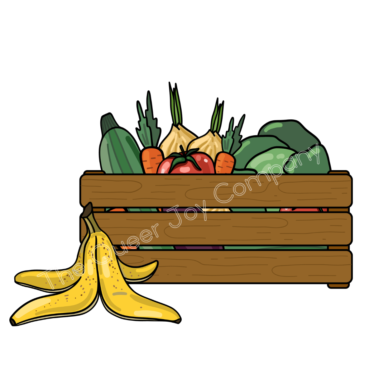 A wooden crate containing a variety of vegetables alongside a pealed yellow banana.