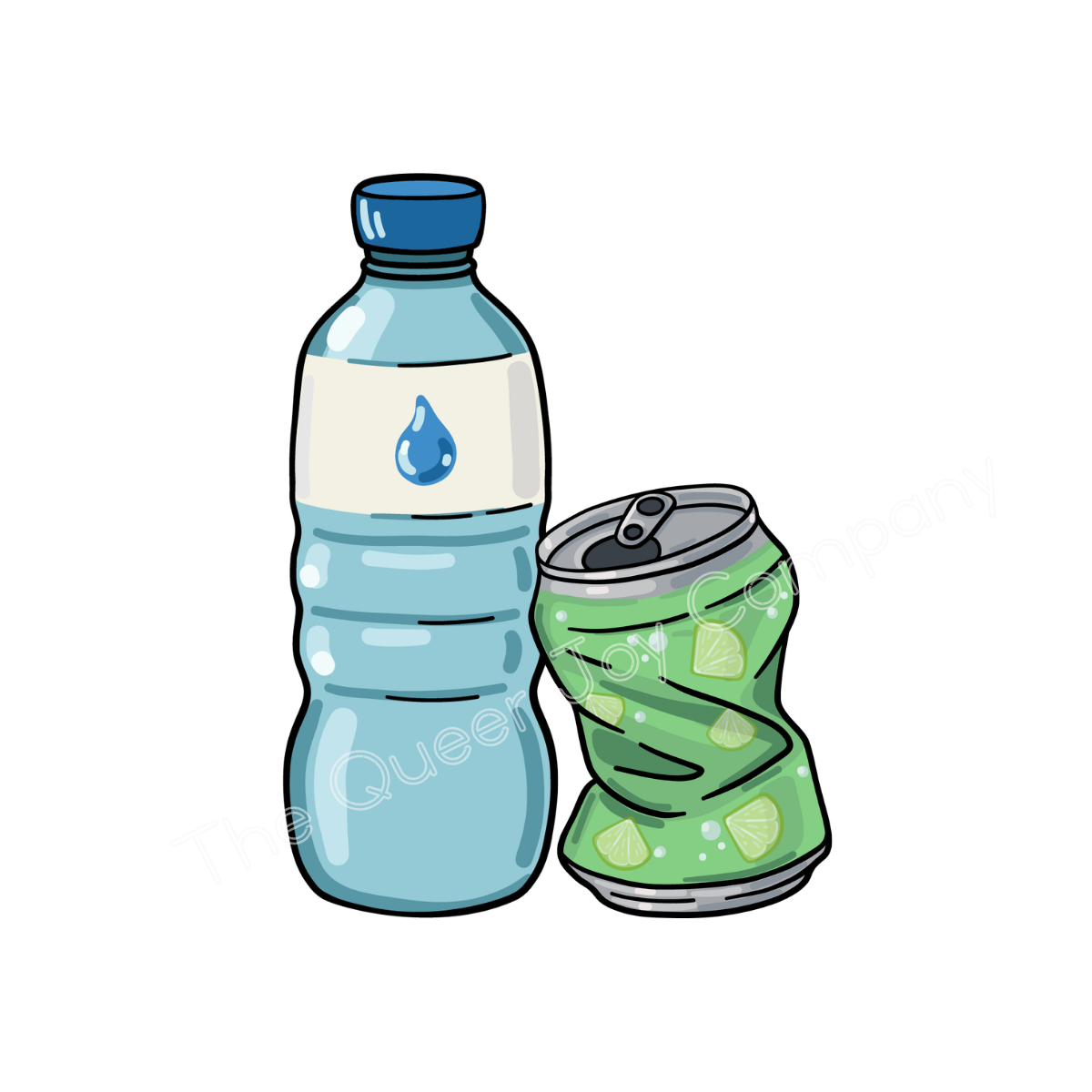 A plastic bottle of water alongside a metallic can of soda